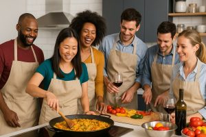 Six diverse team members enjoying a hands-on cooking class while preparing paella in a modern kitchen.